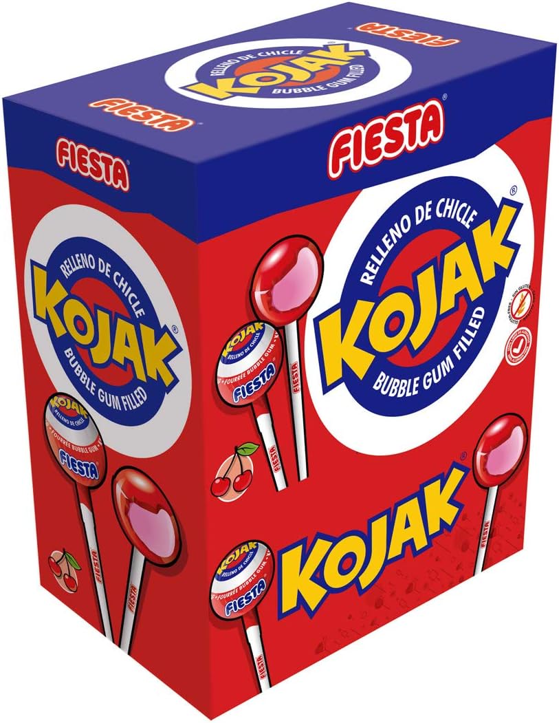 71l7GPoVb9L._AC_SL1214_ FIESTA Kojak Caramelo con Palo Sabor Cereza Relleno de Chicle - Caja de 100 unidades - Imagen 1