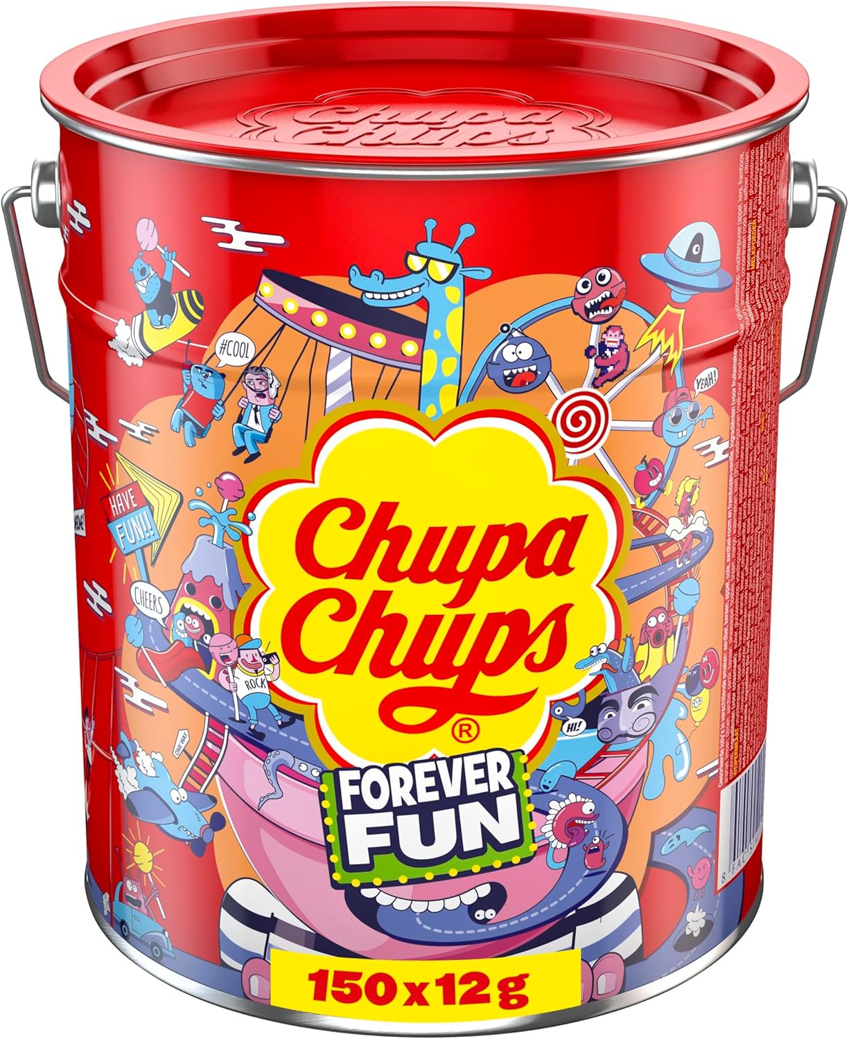 81QYmGY0vlL._AC_SL1500_ Chupa Chups El mejor cubo para piruletas, 150 piruletas en una lata de almacenamiento, lata de metal Pop-Art con 6 sabores, caramelos para compartir, regalo, fiesta u oficina - Imagen 1