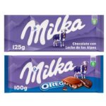 MILKA Chocolate con leche y trozos de galleta Oreo 100 g× 1 ud ,Milka Tableta de Chocolate con Leche de los Alpes,125 g