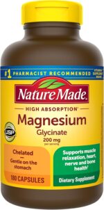 Nature Made Glicinato de magnesio 200 mg por porción, suplemento de magnesio para el apoyo de músculos, corazón, nervios y huesos, 180 cápsulas de bisglicinato de magnesio, suministro para 90 días
