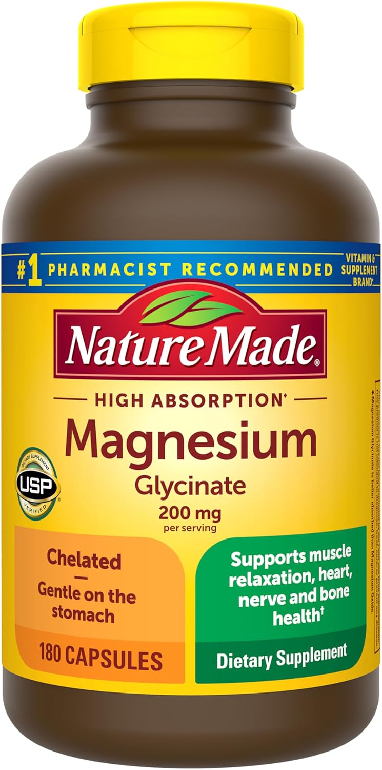71uhpMqqkBL._AC_SL1500_ Nature Made Glicinato de magnesio 200 mg por porción, suplemento de magnesio para el apoyo de músculos, corazón, nervios y huesos, 180 cápsulas de bisglicinato de magnesio, suministro para 90 días - Imagen 1